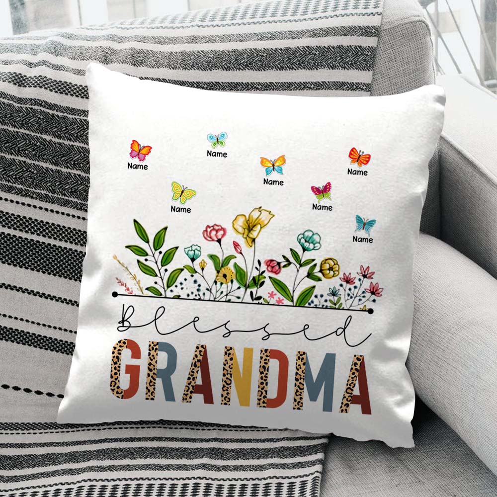Personalized Blessed Grandma Retro Leopard Wildflowers & Butterflies Pillows