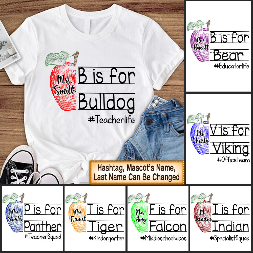 Personalized School Mascot Custom Apple Name Teacher T-Shirt K1702