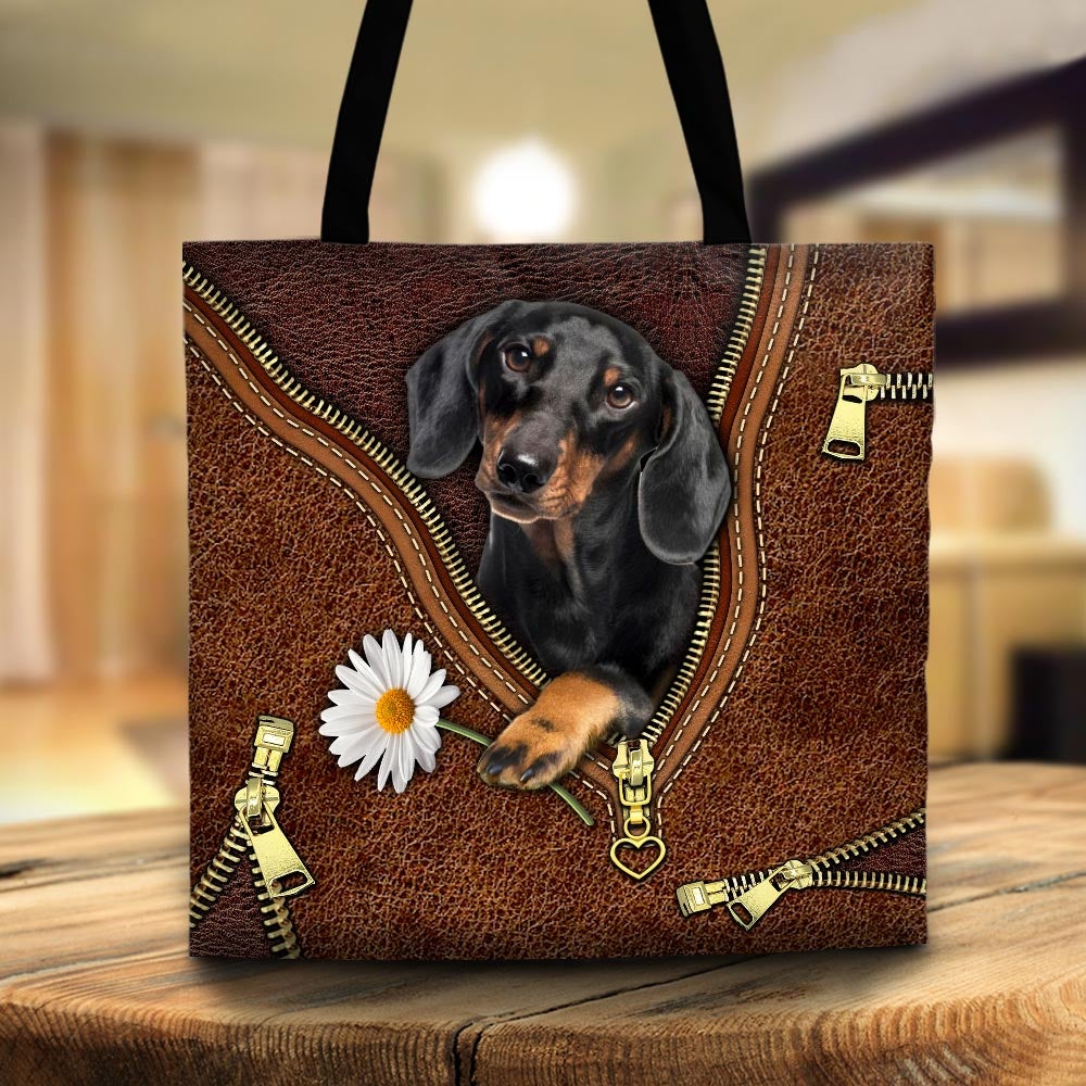 Dachshund Holding Daisy Flower Leather Pattern Tote Bag Cute Dachshund Dog Daisy Flower Tote Bag