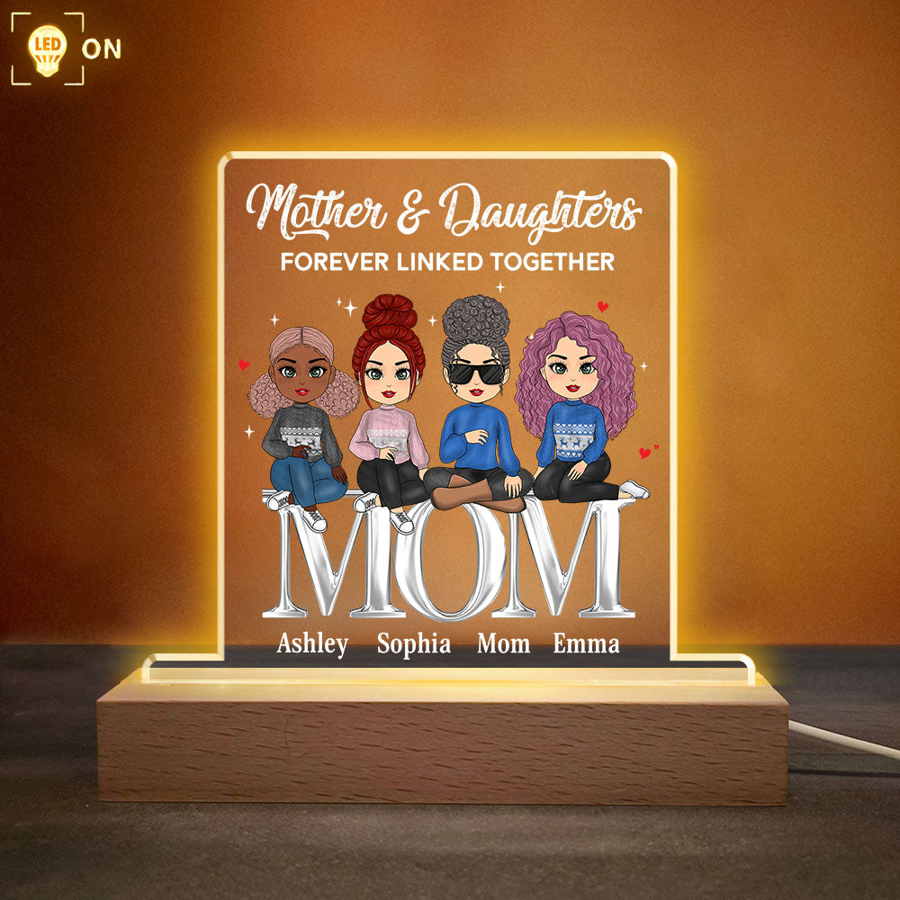 Personalized Mother And Daughter Forever Linked Together - Custom Mother Kids Sitting On Words Acrylic Plaque LED Light Wooden Base