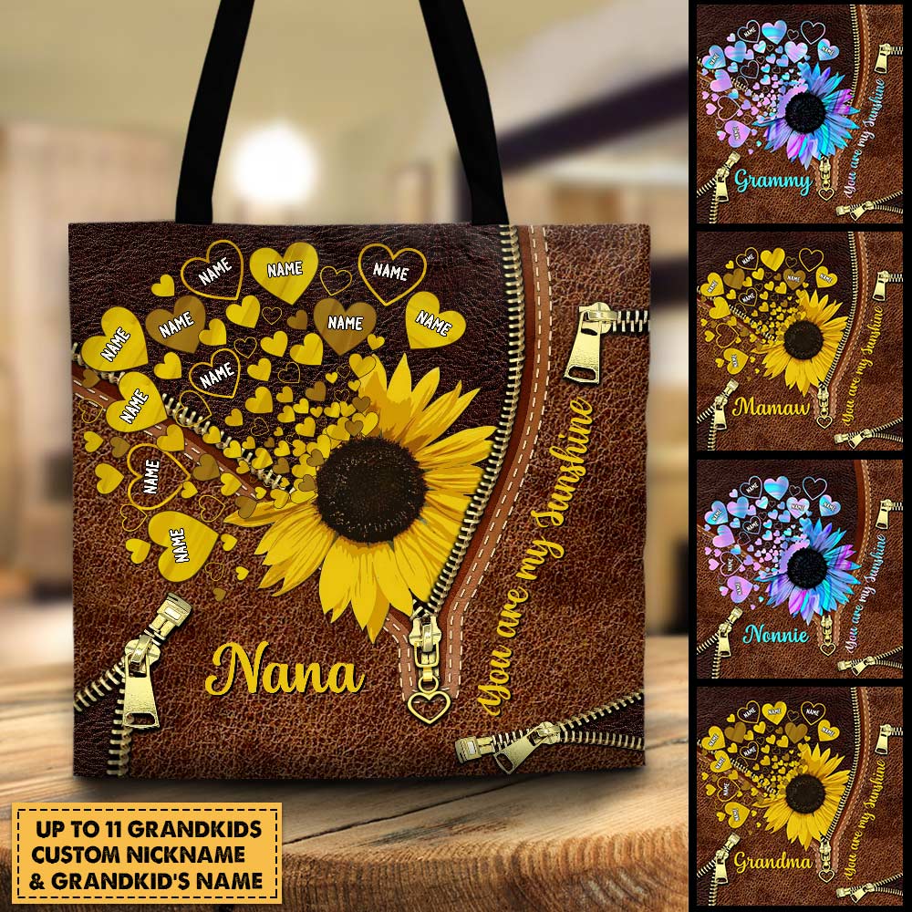 Personalized Nana You Are My Sunshine Tote Bag Nana With Grandkids Name Sunflower Heart Tote Bag For Grandma