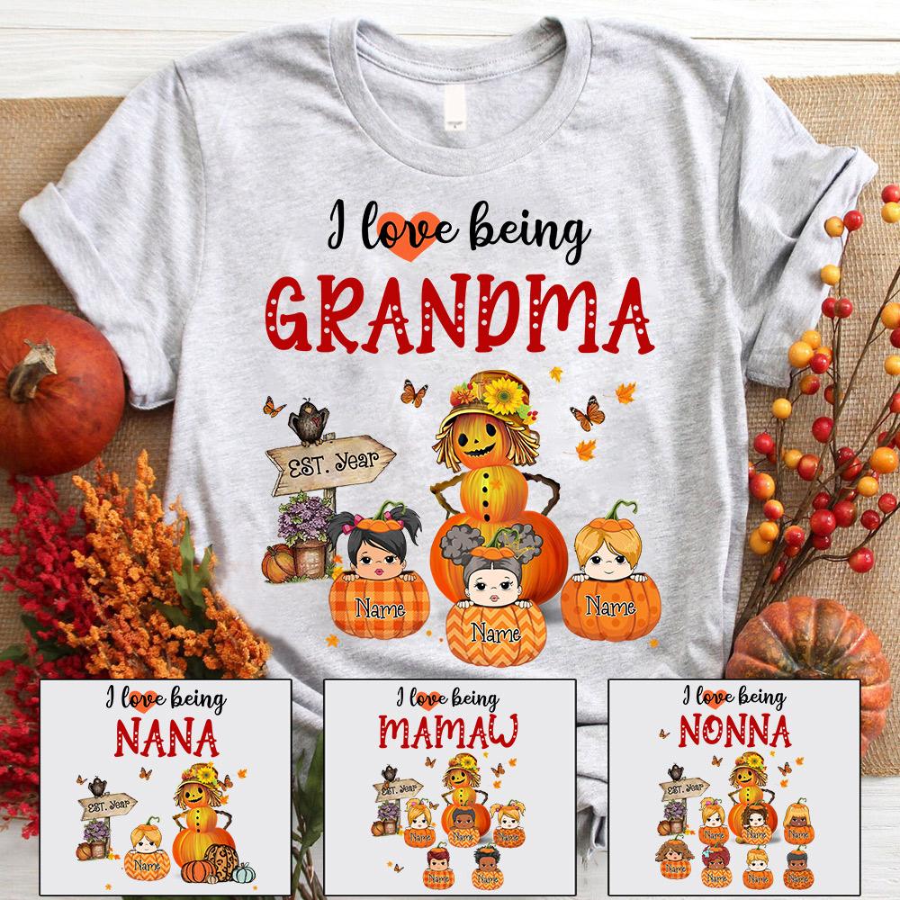 I Love Being Grandma Little Pumpkins Autumn Shirt, Grandma Nana Halloween Shirt, Custom Grandma With Grandkids Name Shirt
