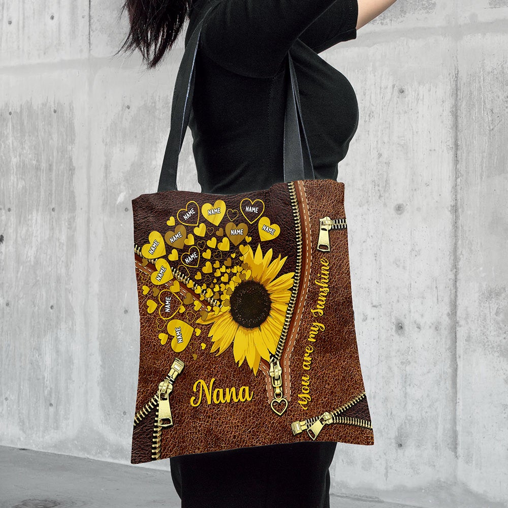Personalized Nana You Are My Sunshine Tote Bag Nana With Grandkids Name Sunflower Heart Tote Bag For Grandma