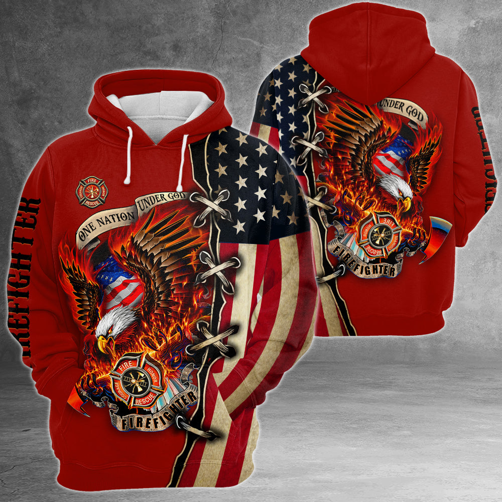 One Nation Under God Patriotic Fire Eagle American Made Firefighter All Over Print Shirts, Phts