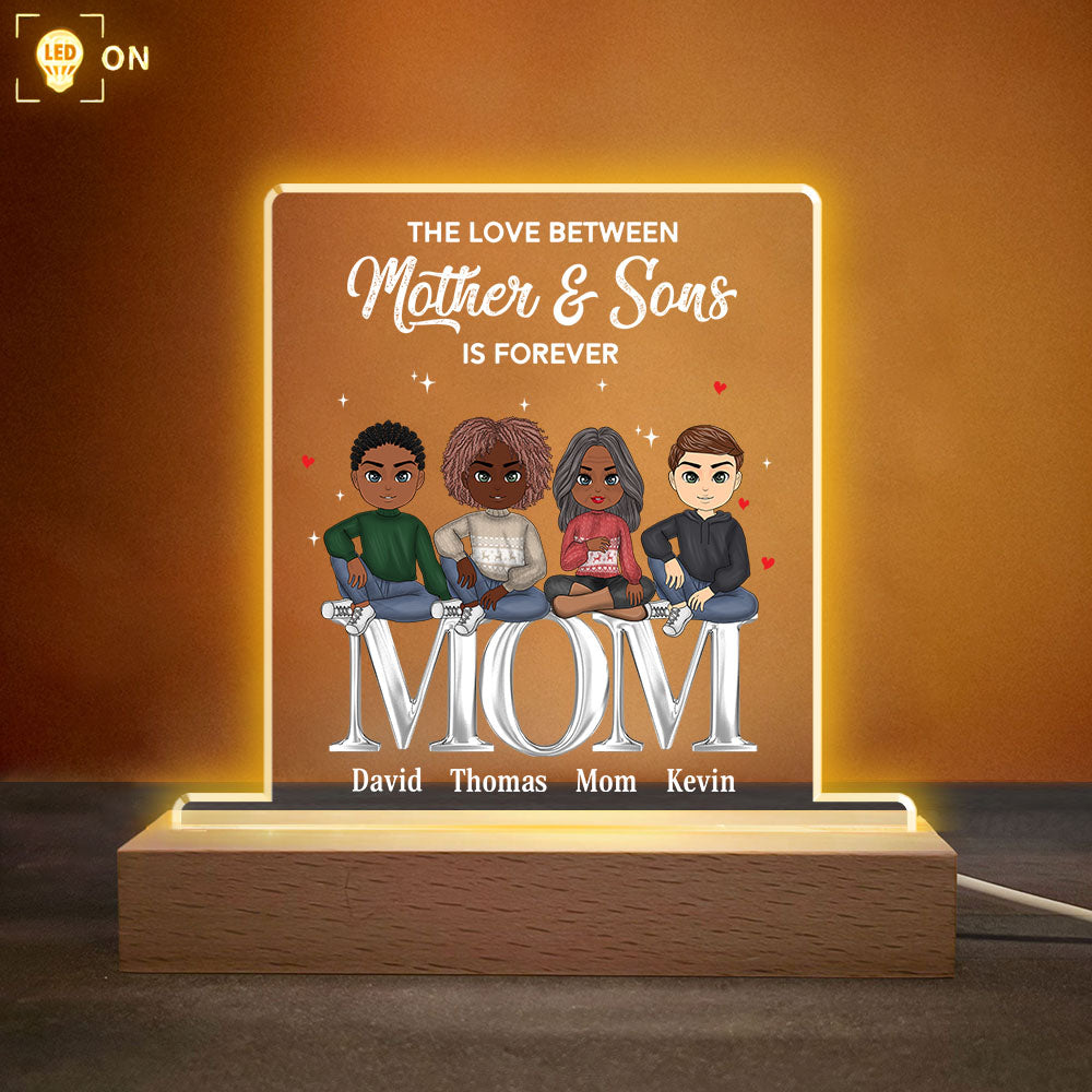 Personalized The Love Between Mother And Son Is Forever - Custom Mother Kids Sitting On Words Acrylic Plaque LED Light Wooden Base