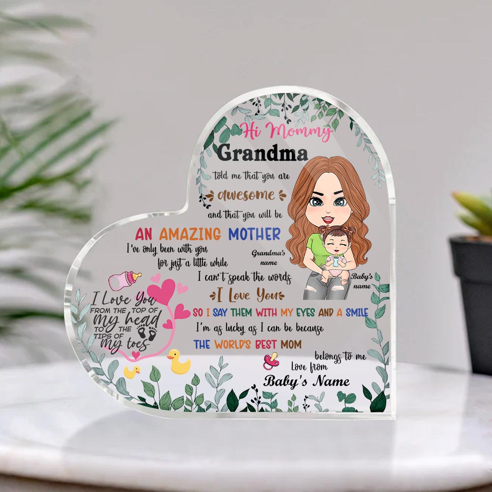 New Mom Gift From Grandma And Baby Personalized Heart Acrylic Plaque