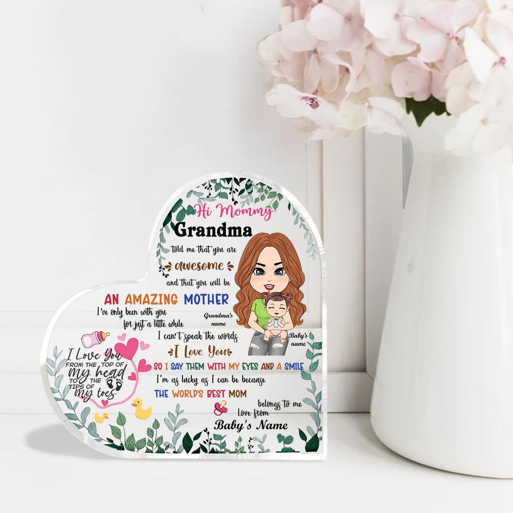 New Mom Gift From Grandma And Baby Personalized Heart Acrylic Plaque
