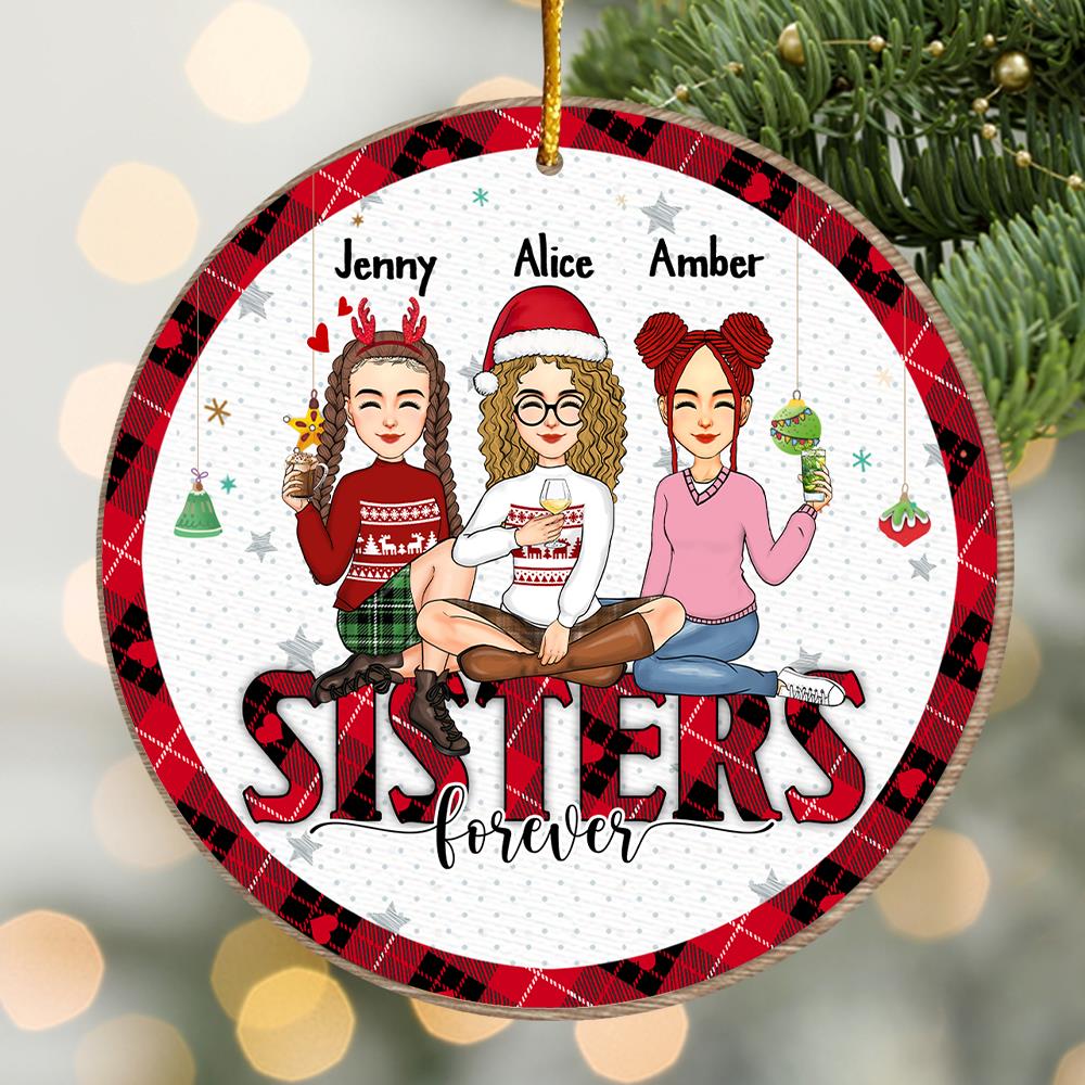 Besties By Heart - Bestie Personalized Custom Ornament - Wooden Round Shaped - Christmas Gift For Best Friends, BFF, Sisters