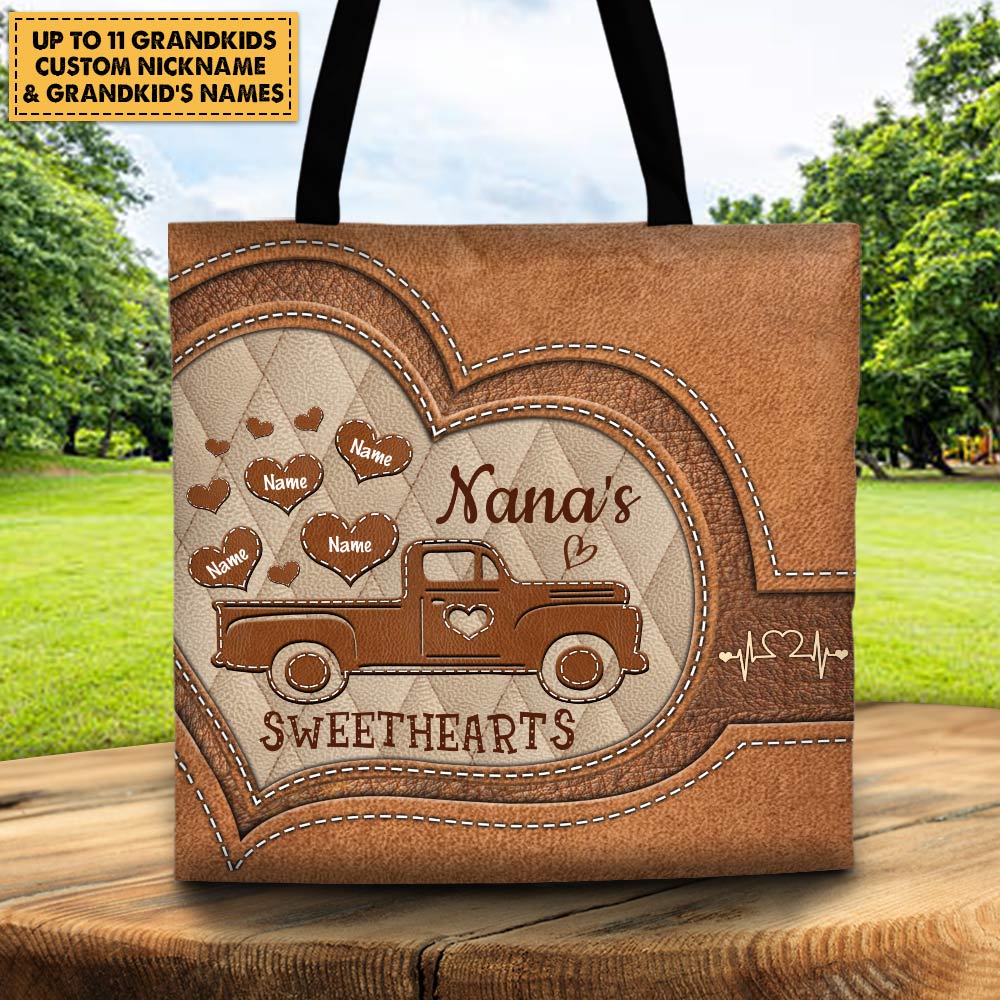 Personalized Nana's Sweethearts Leather Pattern Tote Bag Nana With Grandkids Name Truck Leather Pattern Tote Bag