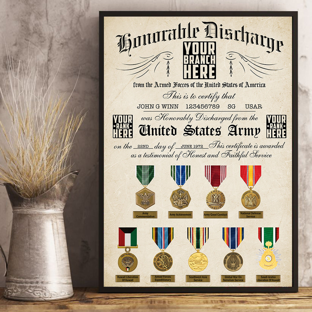 US Military Veteran Honorable Discharge Certificate Personalized Poster Canvas For Military Veteran H2511