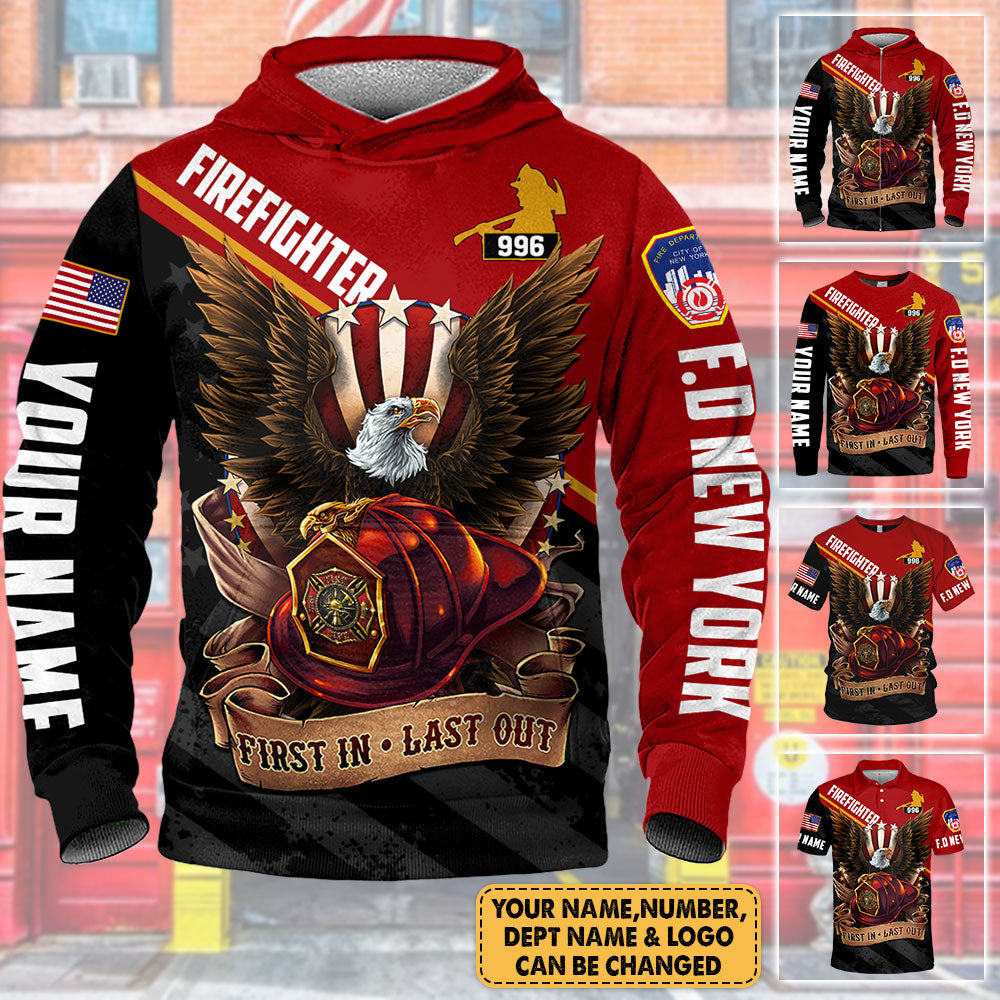 Custom Shirt Gift For Firefighter - Personalized Gifts For Fireman - First In Last Out Bald Eagle Shirt H2511