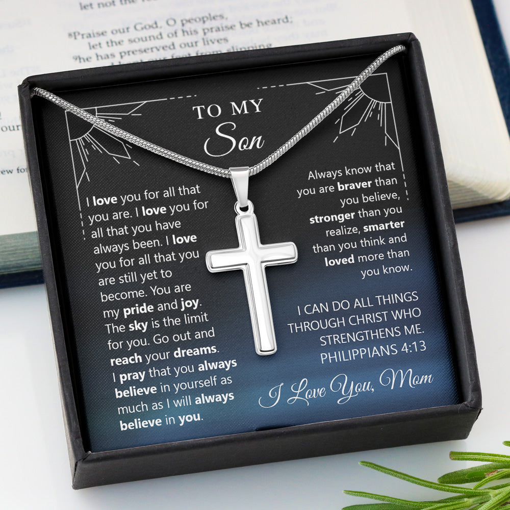 Personalized To My Son Stainless Cross Necklace From Mom I Love You For All That You Are Son Jewelry Gift For Men On Fathers Day Birthday Wedding