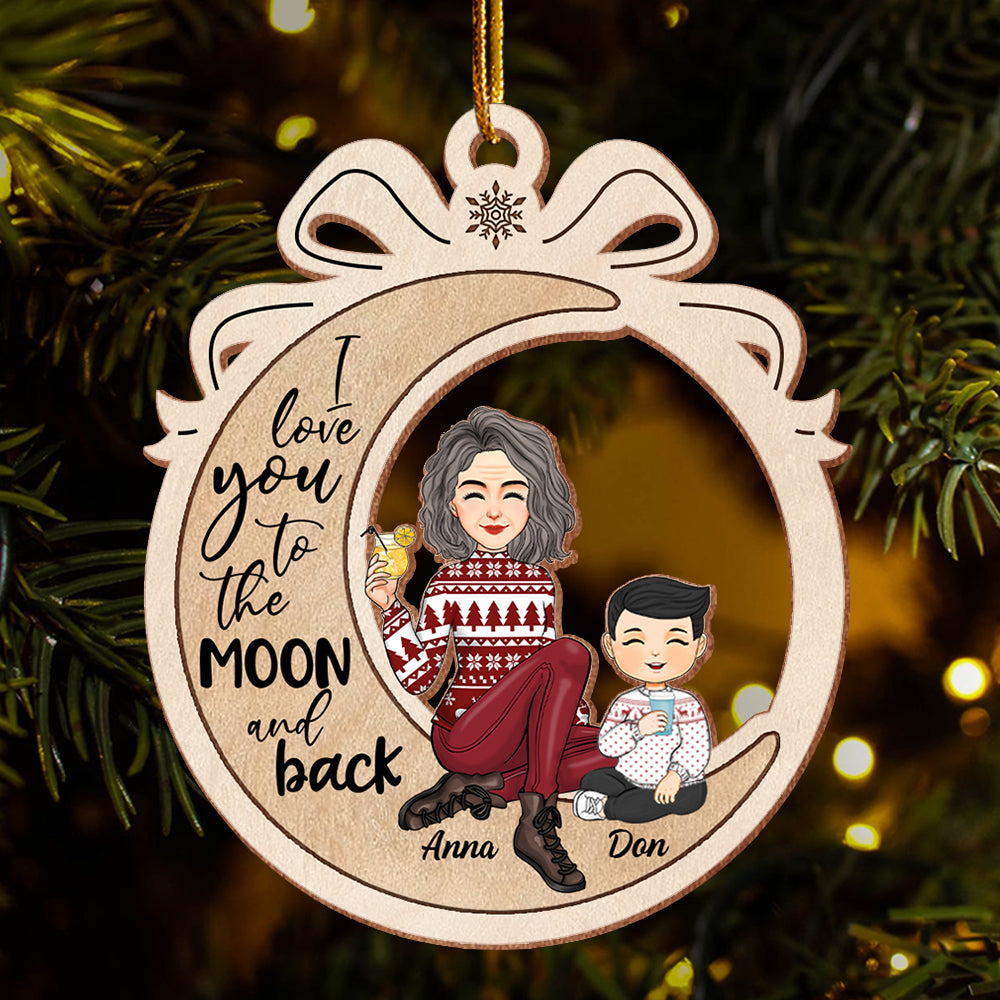 I Love You To The Moon And Back - Cute Grandma Grandkids Sitting Ribbon Personalized Wooden Ornament