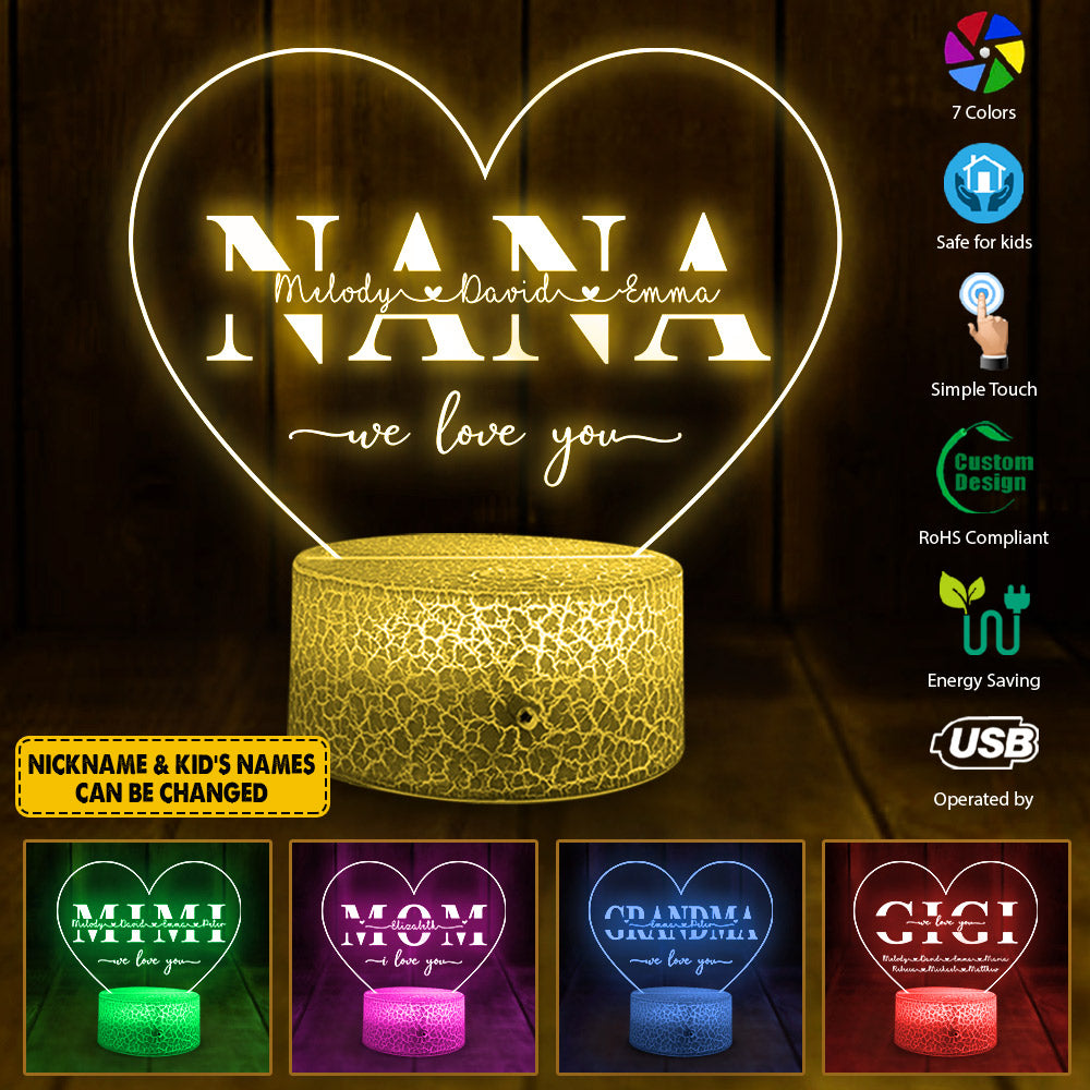 Personalized 3D Led Light For Grandma Nana Mimi Gift For Mother Mom - Custom Heart Shaped Night Light