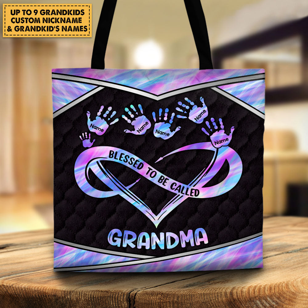 Grandma Hologram Handprints Printed Personalized Tote Bag For Grandma