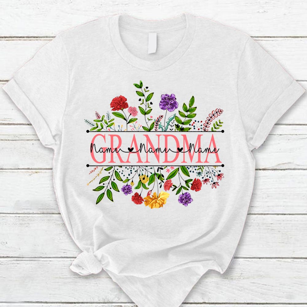 Personalized Grandma With Grandkid's Names Carnation Frame Shirt For Grandma