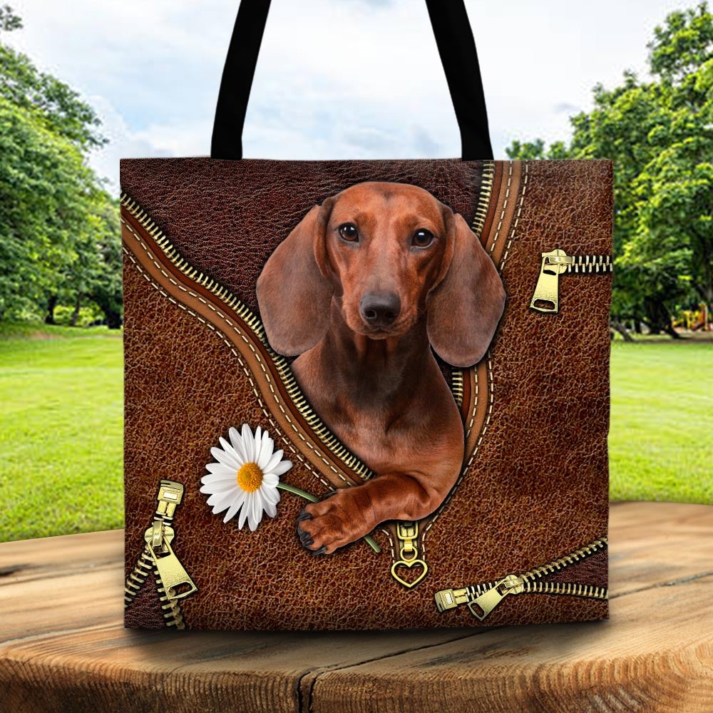 Dachshund Holding Daisy Flower Tote Bag Cute Dachshund Daisy Flower Leather Pattern Tote Bag