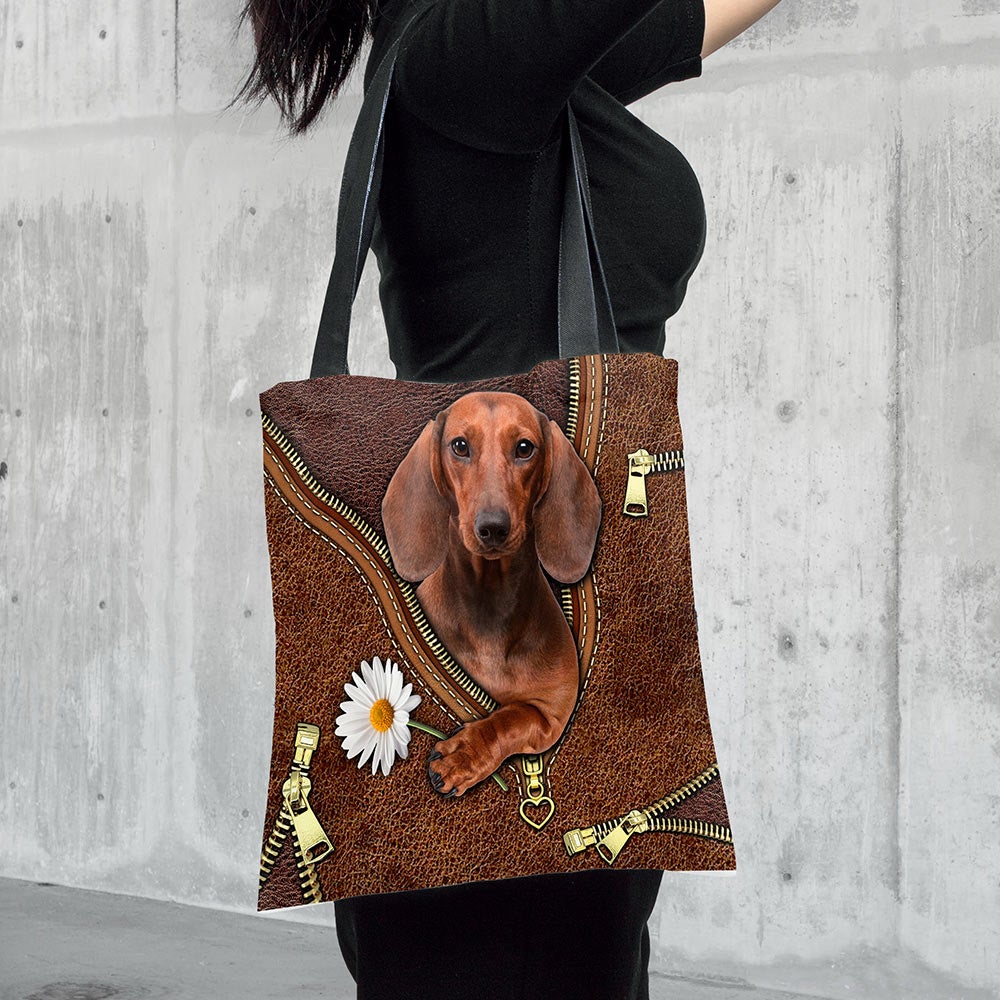 Dachshund Holding Daisy Flower Tote Bag Cute Dachshund Daisy Flower Leather Pattern Tote Bag