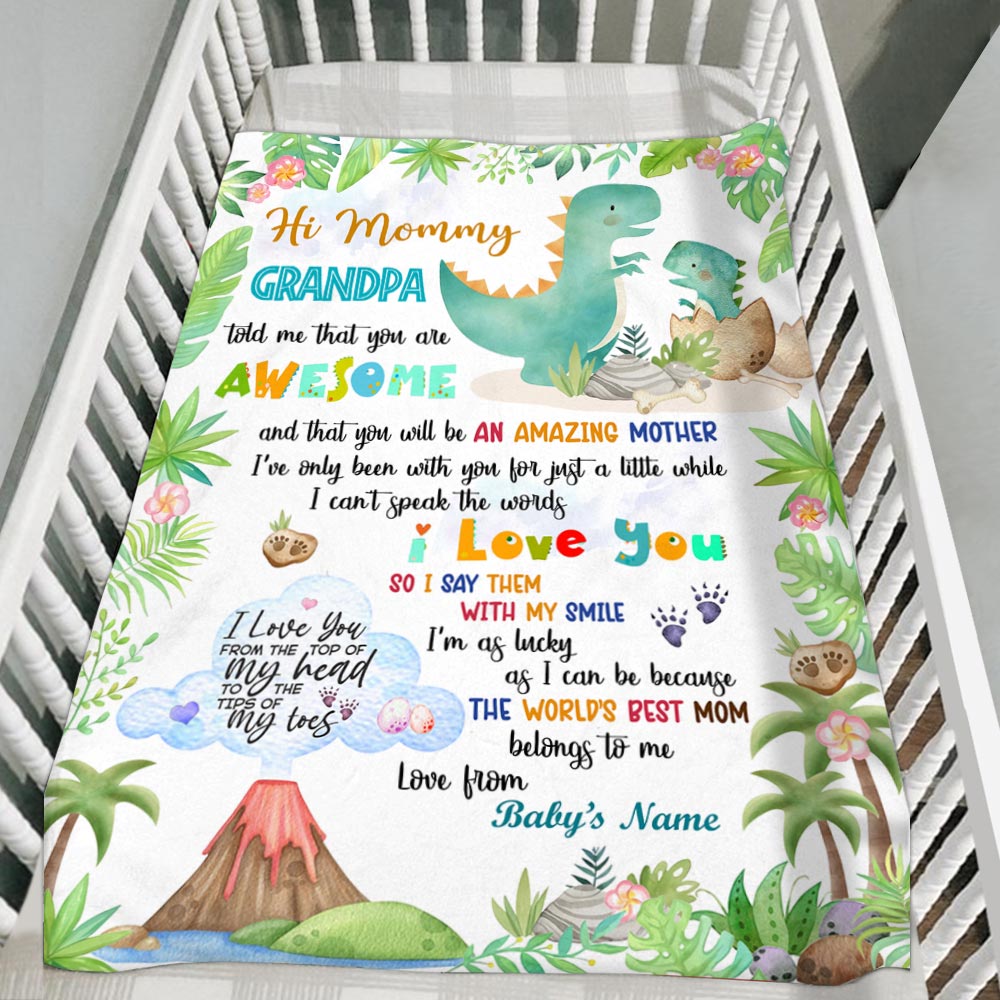 Grandpa Told Me That You Are Awesome Cute Dinosaur Custom Blanket Gift For Newborn For First Mother's Day