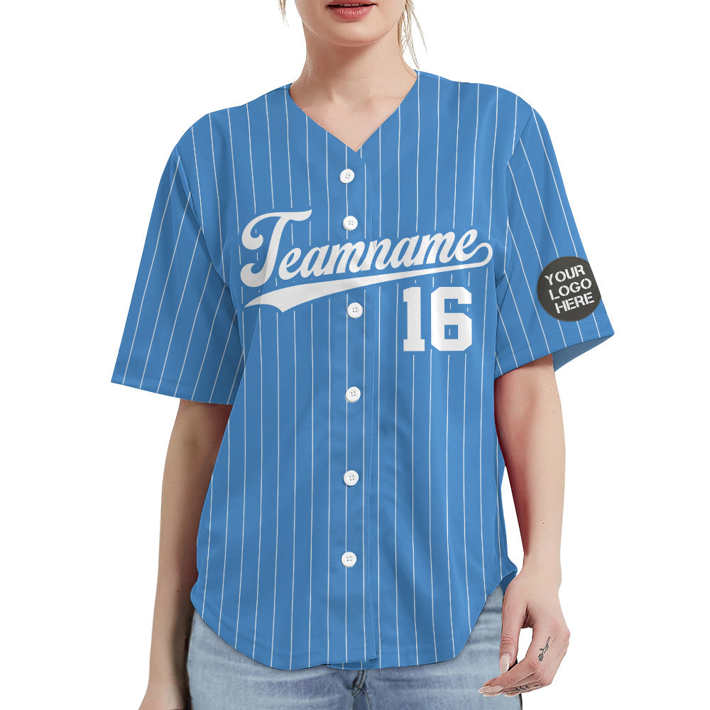 Custom Logo Name Number Powder Blue Pinstripe Baseball Jersey
