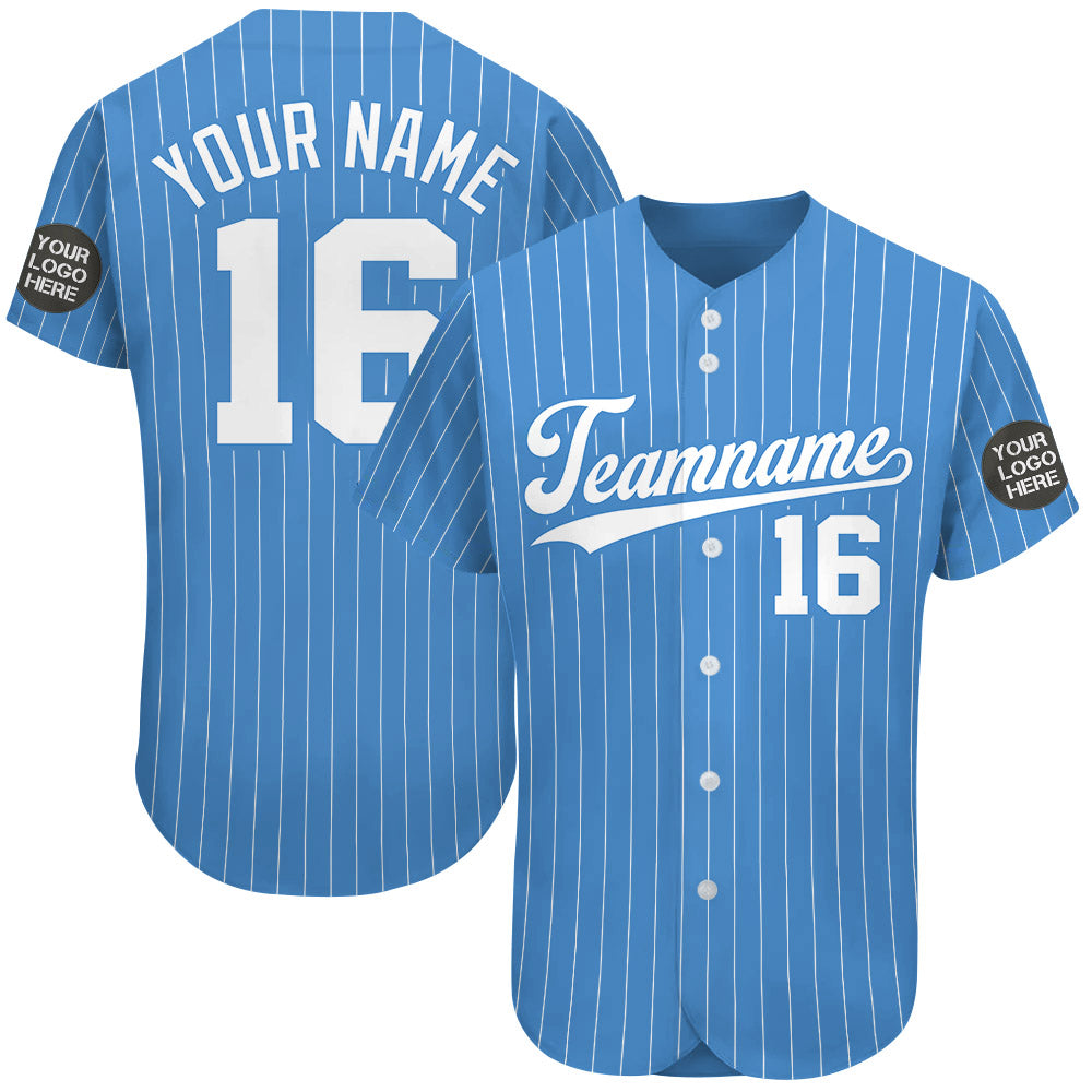 Custom Logo Name Number Powder Blue Pinstripe Baseball Jersey