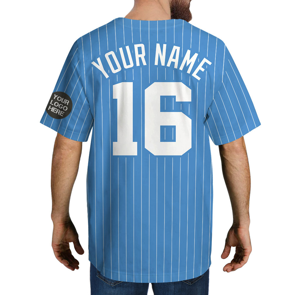 Custom Logo Name Number Powder Blue Pinstripe Baseball Jersey