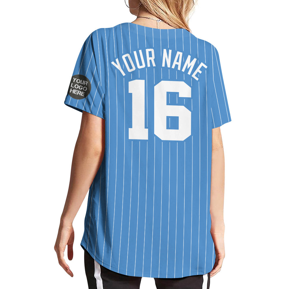 Custom Logo Name Number Powder Blue Pinstripe Baseball Jersey