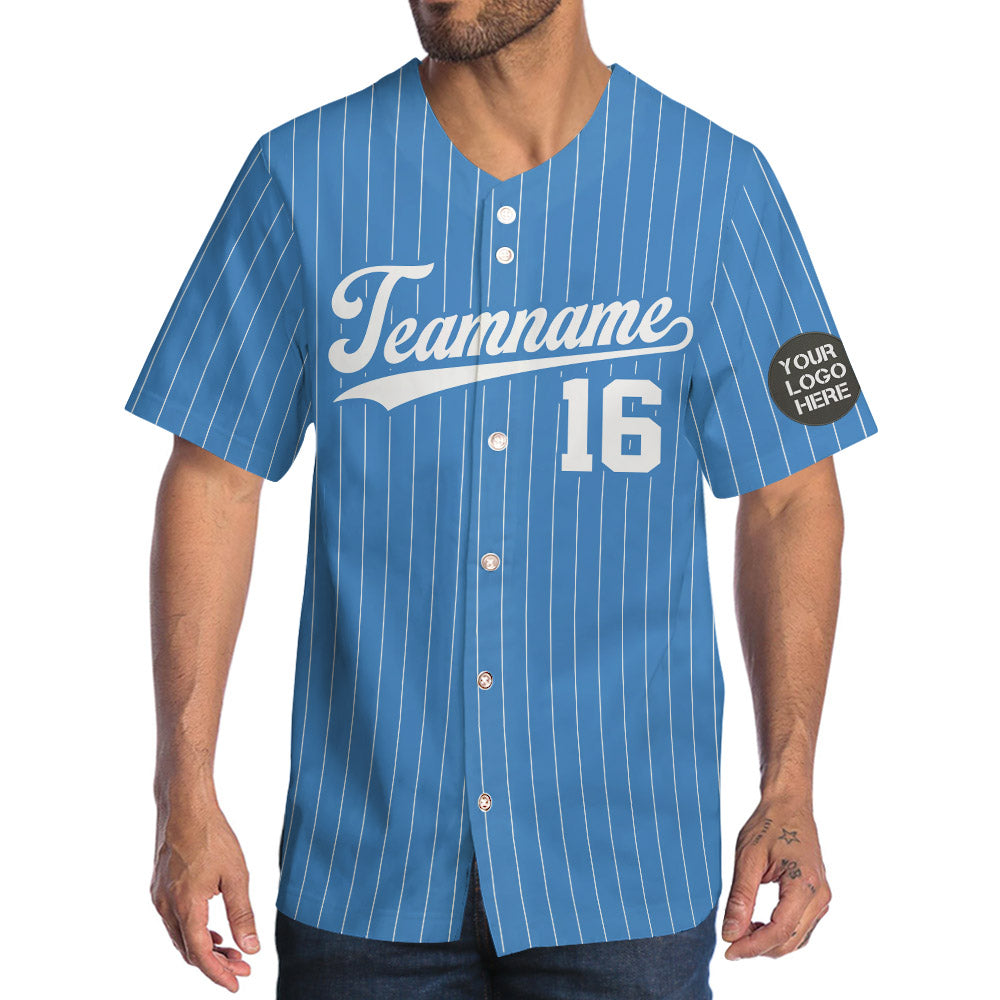 Custom Logo Name Number Powder Blue Pinstripe Baseball Jersey
