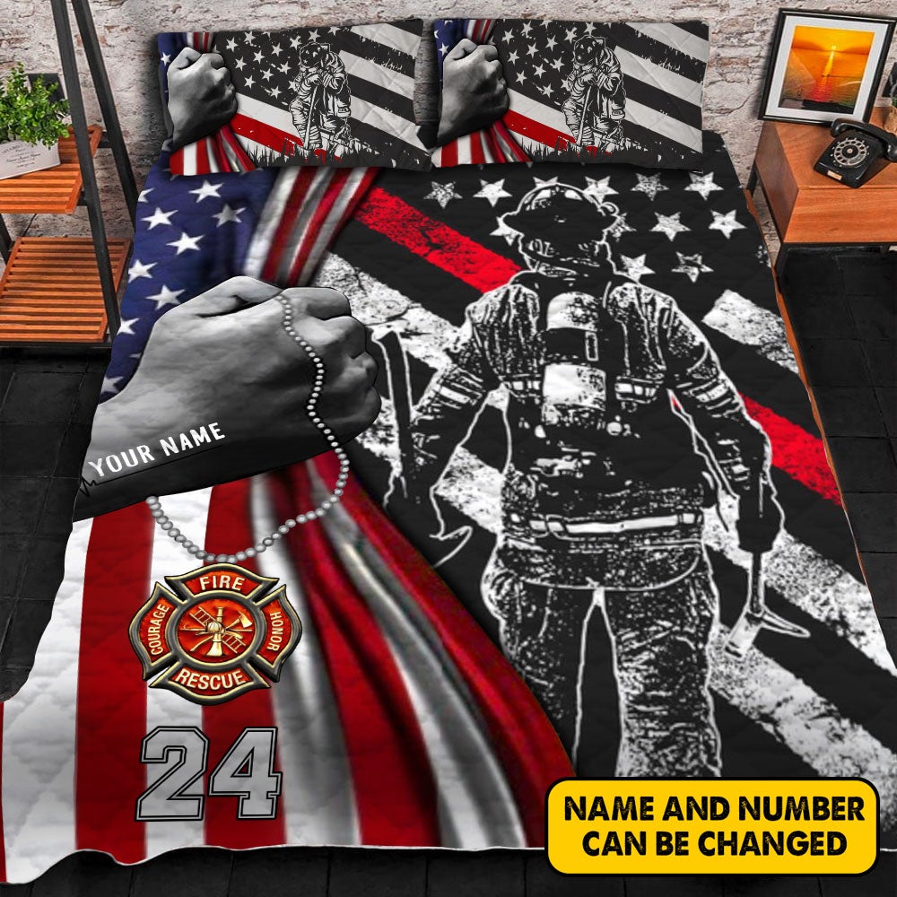 Personalized Firefighter Dad Son Quilt Bedding Set Firefighter American Flag Quilt Proud Firefighter Quilt Bedding Set