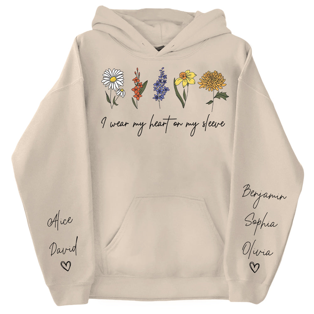 I Wear My Heart On My Sleeve Sweatshirt, Personalize Mom Gift Sweatshirt, Birth Month Flower Gift for Grandma, Gigi Gift, Granny Gift