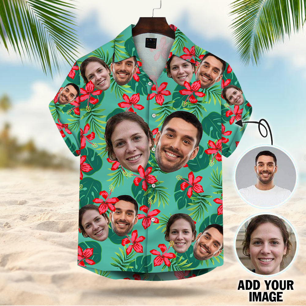 Custom Face Leaves & Flowers Pattern Hawaiian Shirt - Custom Hawaiian Shirt With Multiple Faces