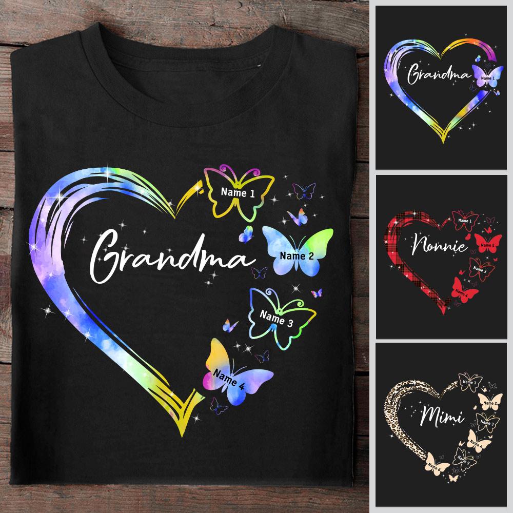 Grandma With Grandkid's Name Shirt, Heart Floral Butterflies Shirts Gift For Grandmas
