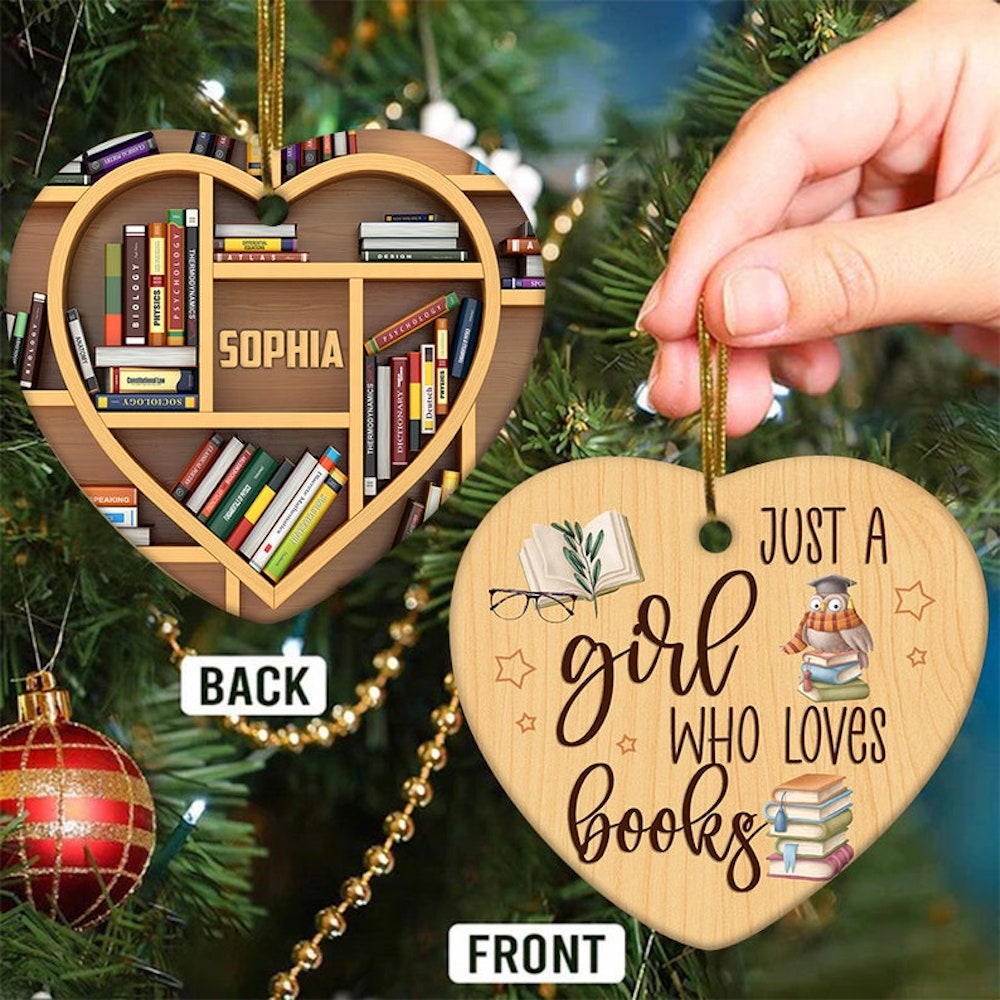 Personalized Book Lover Heart Ornament - Just The Girl In Love With Her Books Wooden Ornament