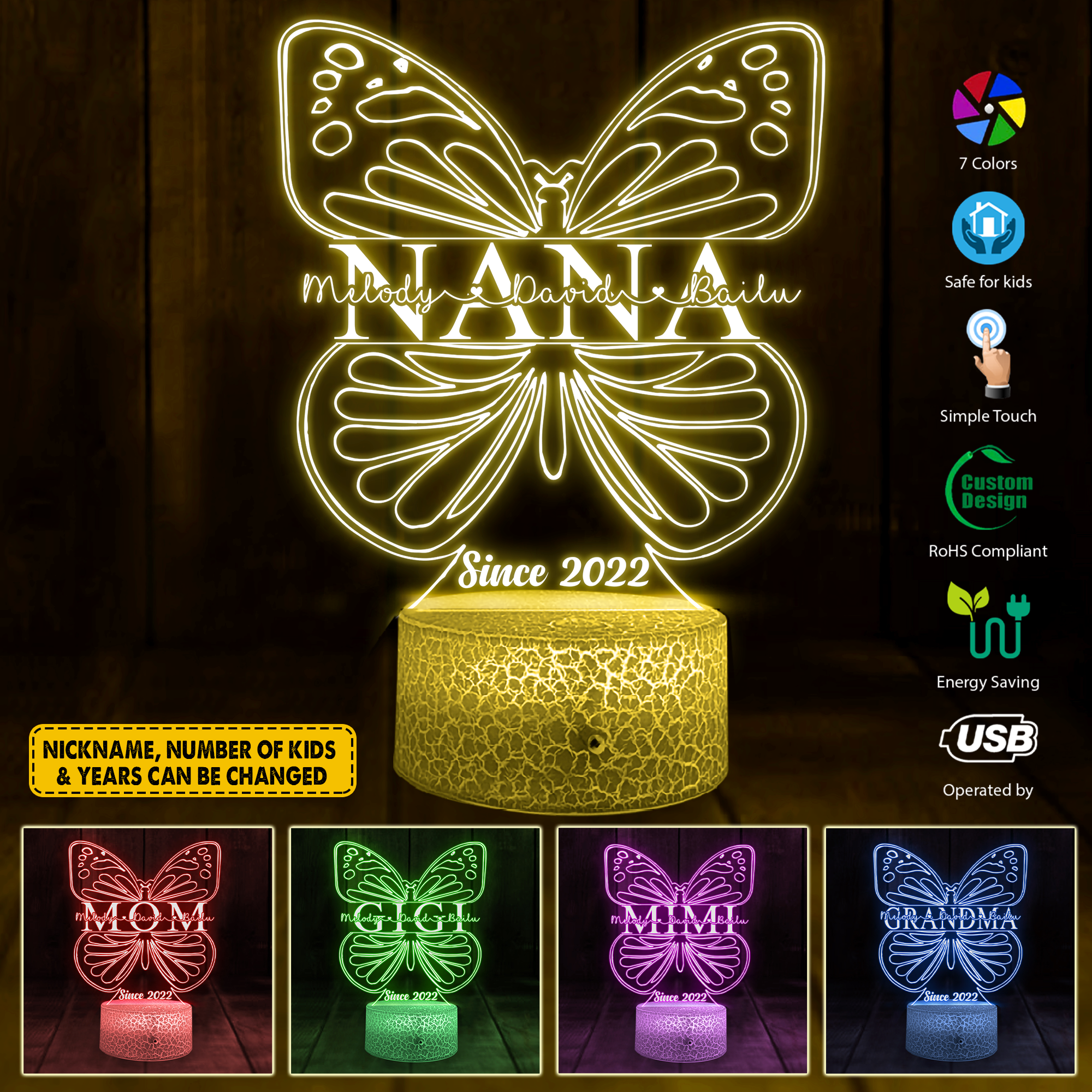 Personalized 3D Led Light For Grandma Nana Gift For Mother - Custom Butterfly Night Light For Grandma Mimi Mom