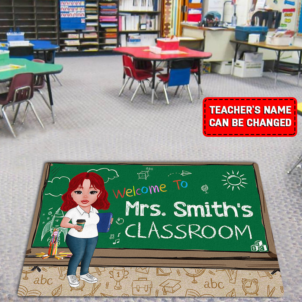 Personalized Welcome To Teacher's Classroom, Green Board With Chalk Back To School Doormat For Teacher