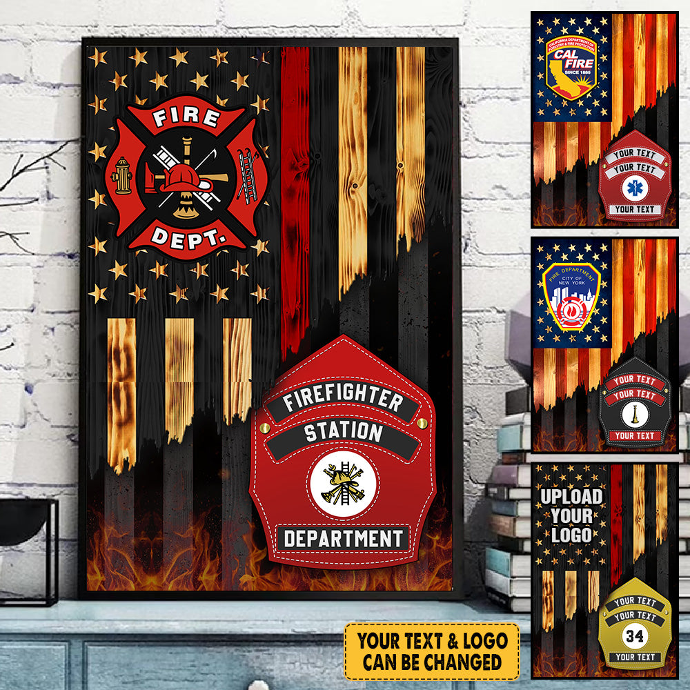 Personalized Poster Canvas For Firefighter Custom Logo And Helmet Shields Thin Red Line Fireman K1702