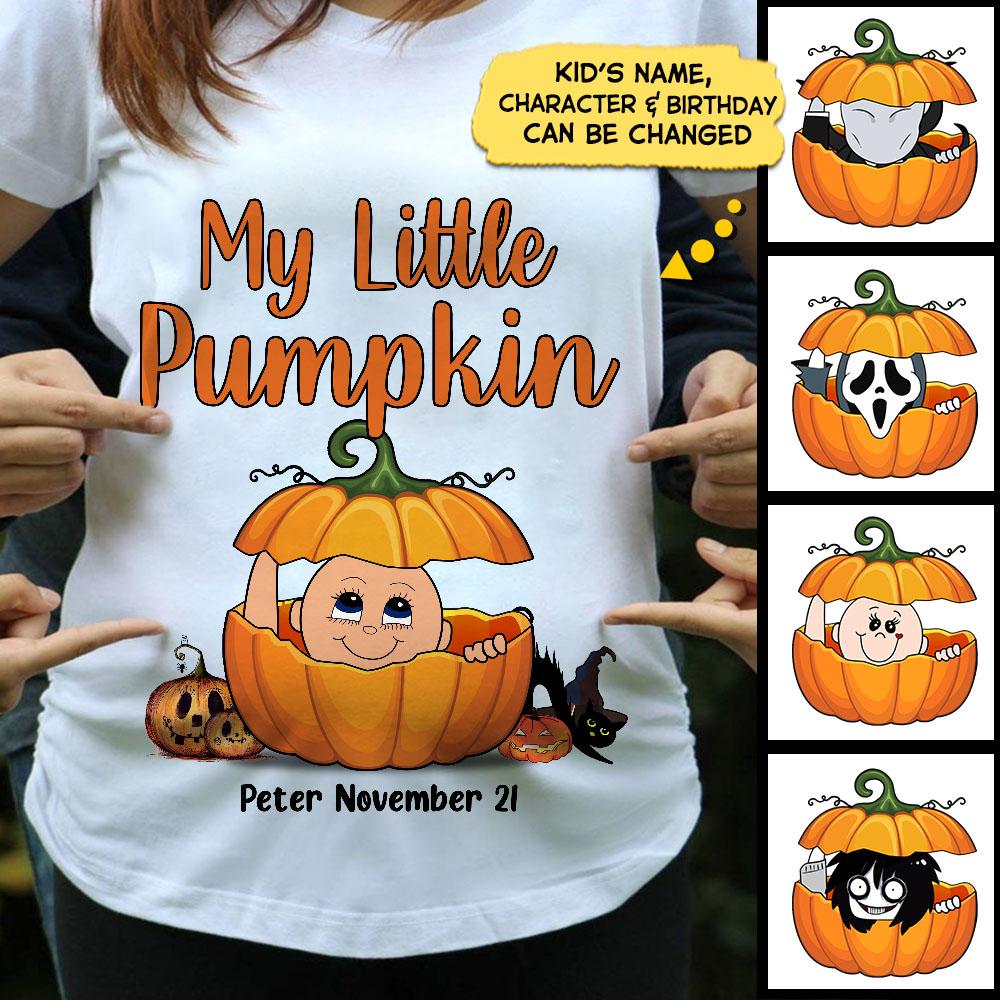 Personalized My Little Pumpkin Face Funny Shirts, Funny Baby Halloween Shirt, Custom Name And Date Shirt.