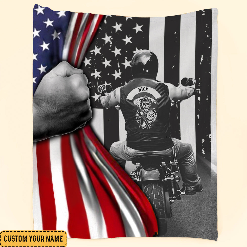 Custom Blanket Gift Biker Lovers - Biker Blanket - American Flag Grandpa Dad Biker Blanket