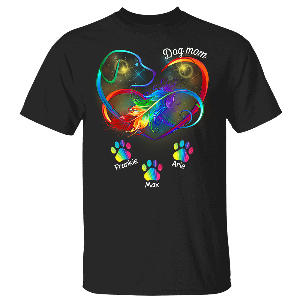 Personalized Dog Mom Heart Infinity With Rainbow Feather Shirts, Funny Dog Mom With Paw Shirt, Custom Dog Name Shirt