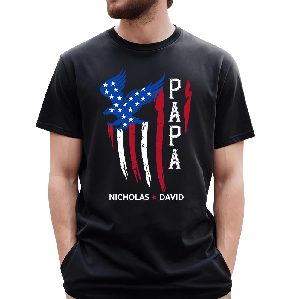 Papa With Grandkids Names 4Th Of July Personalized T-Shirt