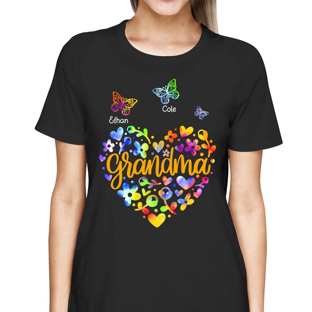 Personalized Grandma Colorful Flower Heart With Butterflies Shirt For Grandma
