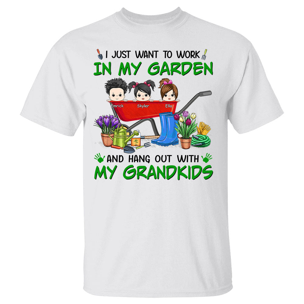 I Just Want To Work In Garden And Hang Out With My Grandkids Shirt Custom Grandma With Grandkids Name Shirt