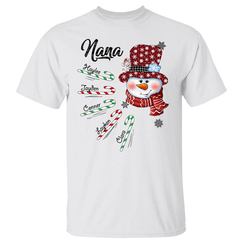 Personalized Grandma Snowman Candy Cane Christmas Shirt, Custom Grandma Nana Mimi Christmas Shirt