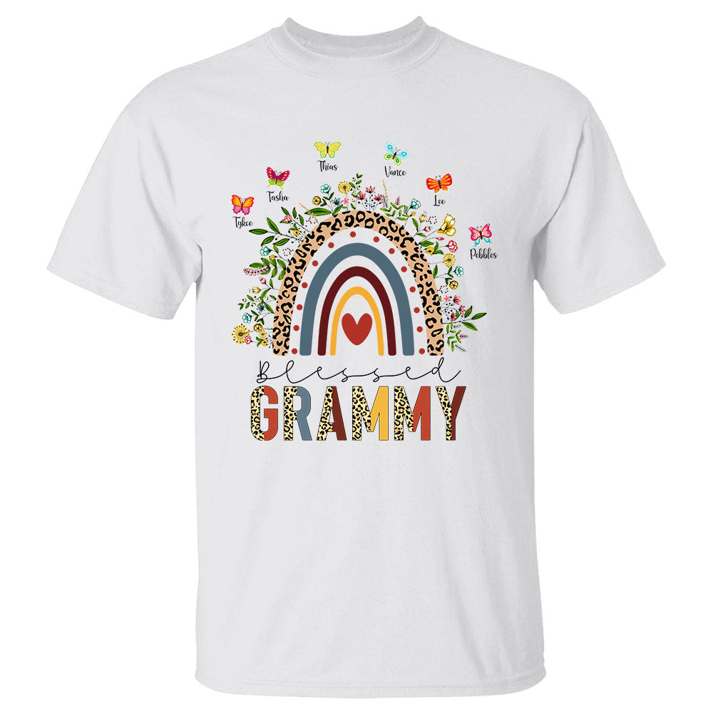 Personalized Blessed Grandma Leopard Retro Rainbow With Flowers & Butterflies Shirts For Grandma