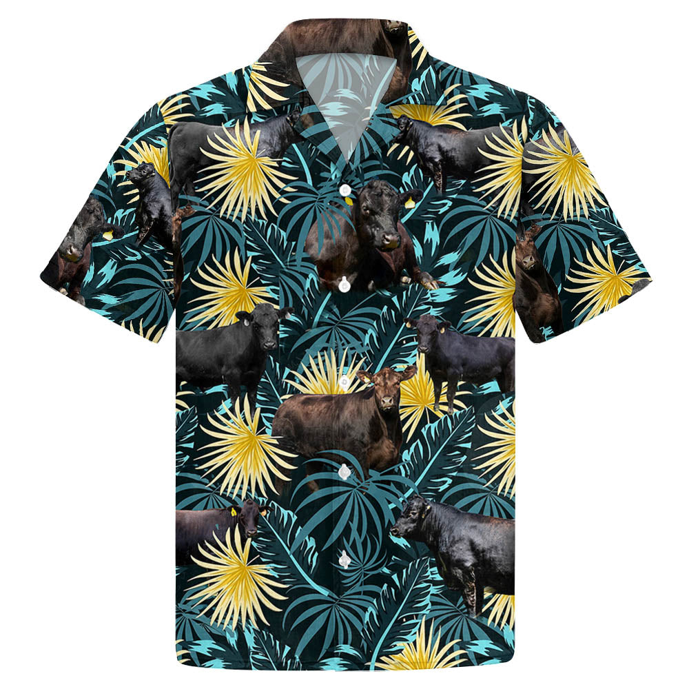 Black Angus Cattle Lovers Blue And Yellow Plants Hawaiian Shirt