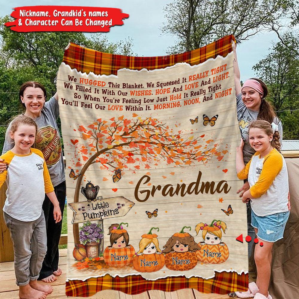 Grandma Little Pumpkin Tree Fall Blanket, Grandma We Hugged This Blanket Halloween  - et, Custom Grandma With Grandkids Name  - et.