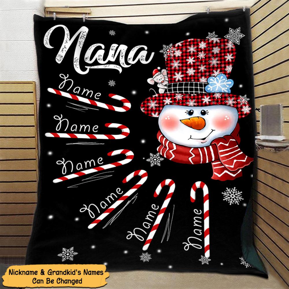 Grandma Snowman Candy Cane Christmas With Kids Name Custom Blanket Gift For Grandma