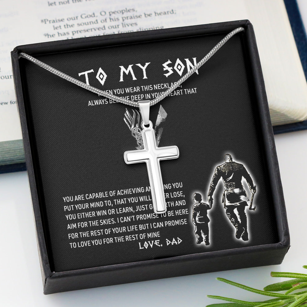 Personalized To My Son Viking Stainless Cross Necklace Gifts For Son - You Either Win Or Learn Cuban Link Chain Necklace
