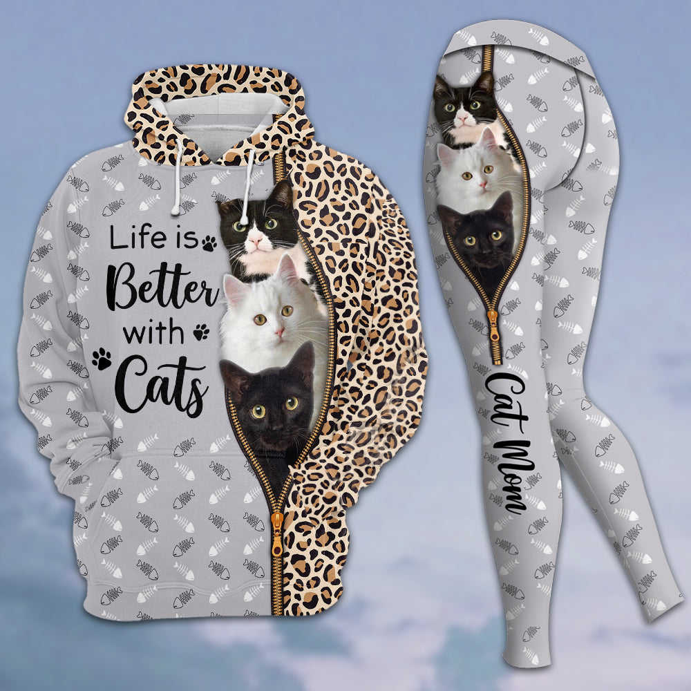 Life Is Better With Cats, All Over Print, 3D Hoodie, Tank Top And Legging Set For Cat Mom, Cat Lovers