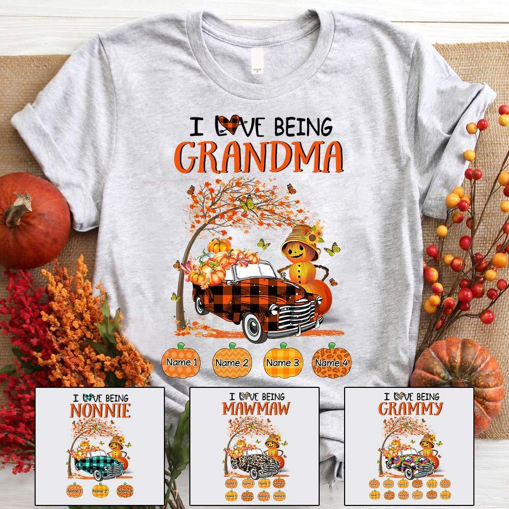 I Love Being Nana Autumn Truck With Cute Pumpkin Shirt, Funny Grandma Halloween Shirt, Custom Grandma With Grandkids Name Shirt.